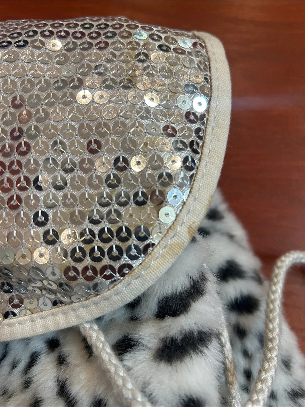Girls White Faux Fur Leopard Backpack with Silver Sequin Accents